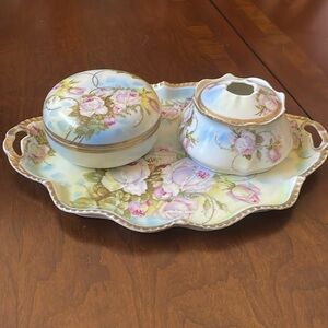 Antique Royal Rudolstadt Prussia Porcelain 3 Piece Vanity Tray Set roses